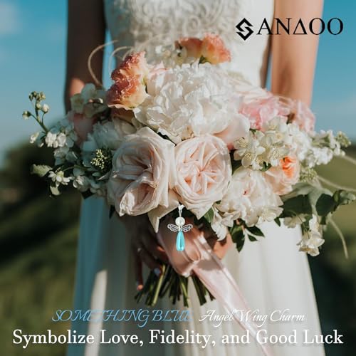Image of SANDOO Something Blue for Bride On Wedding Day - Something Blue Gift for Bride,Angel Wing Bridal Bouquet Charm from Mom Dad Grandma Sister Friends Bff