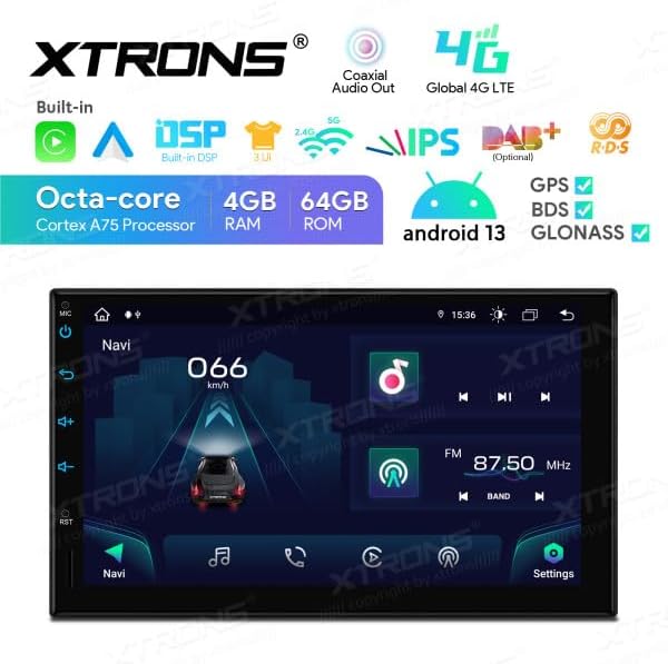Front view of the XTRONS TIA723LS showing the user interface with navigation, music, and radio applications. Features like GPS, BDS, GLONASS, and Android 13 are highlighted.