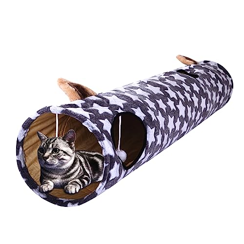 Image of Cat Tunnel -Straight-Shaped, Gray Star Pattern, Soft Velvet Exterior, Oxford Fabric Fog-Proof Interior, Plush Toy Ball, Easily Washable, Conveniently Foldable, 47.2in /120cm