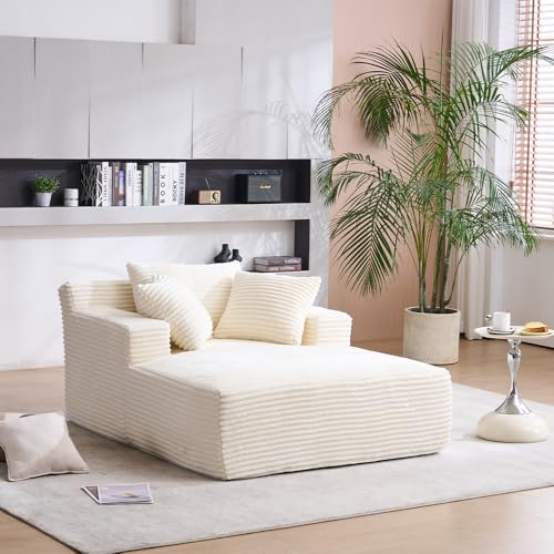 Image of Oversized Chaise Longue Chair Indoor, Upholstered Corduroy Deep Seat Sofa Bed with Throw Pillows and Armrests, Sleeper Sofa Couch for Living Room, Bedroom Apartment HD276