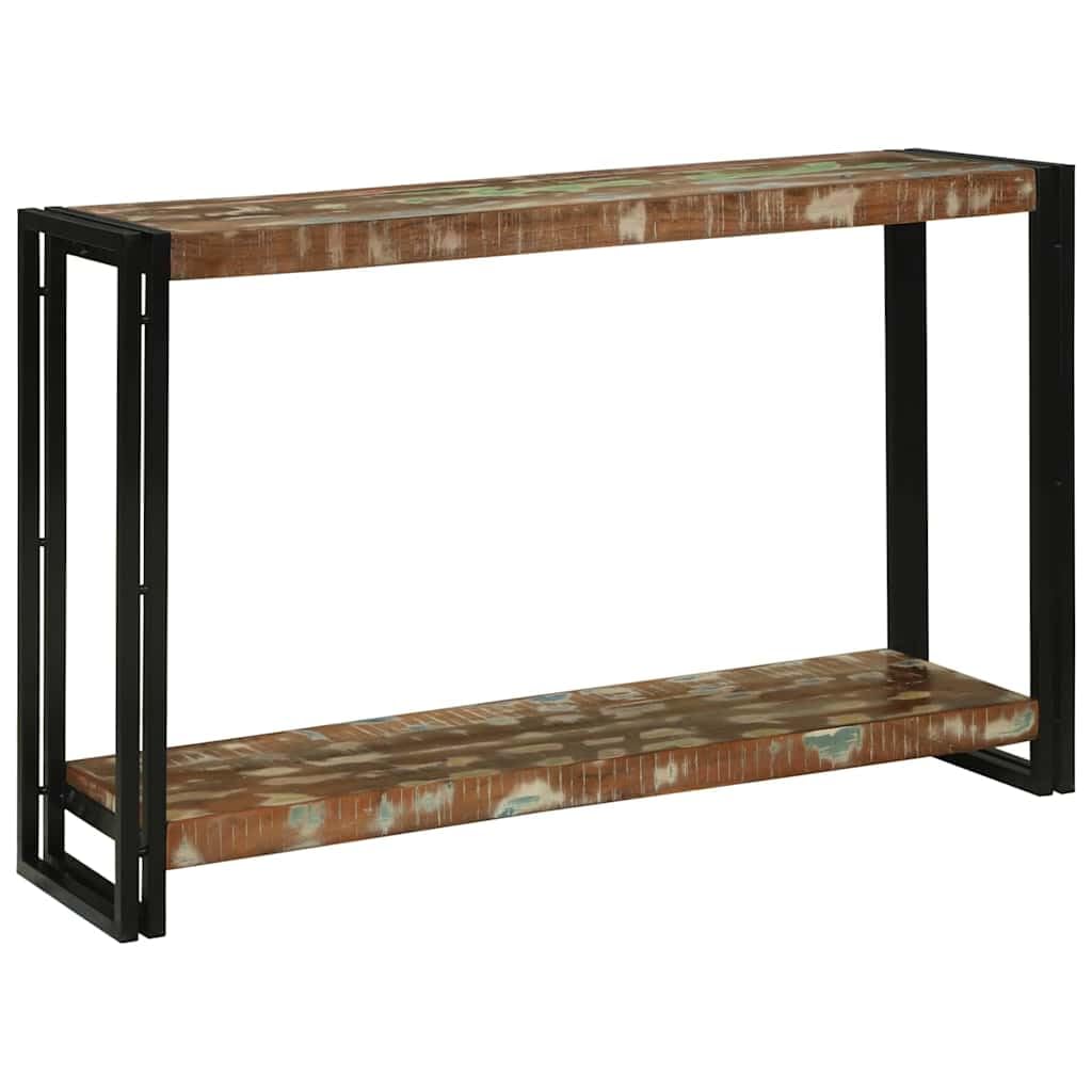 Table console moderne 120 x 33 x 75 cm en bois massif recyclé avec cadre en métal robuste, espace de rangement et veinures uniques pour salon, couloir ou entrée.