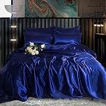 ROOEE Satin Silk Complete Bedding Set - 6 PCS - Fitted sheet, Duvet Cover, 4 Pillow Cases. Color - Navy Blue Size - Double