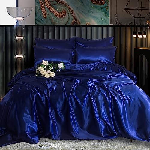 ROOEE Satin Silk Complete Bedding Set - 6 PCS - Fitted sheet, Duvet Cover, 4 Pillow Cases. Color - Navy Blue Size - King