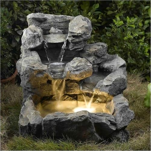Bowery Hill Cascading Outdoor Indoor Fountain, Polyresin and Fiberglass Construction, Illuminated Waterfall Design, Includes Pump and Finger Light, Weatherproof, 23 in H x 21 in W x 20 in D