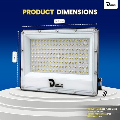 Image of Dreamlux LED Flood Light 100W, IP65 Waterproof Outdoor Light, Cool White 6500K, 130-140 lm /W, Aluminum Body, 6kV Surge Protection, BIS Certified Security Light (Pack of 3pc)