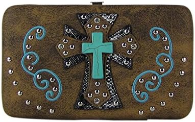 BROWN CLASP COUNTRY WESTERN FASHION WESTERN TURQUOISE CROSS FLAT THICK WALLET