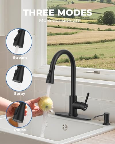 Image of WEWE Kitchen Faucet with Soap Dispenser and Pull Down Sprayer, RV Single Handle Classic 3 Modes Stainless Steel Faucet for Kitchen Sink, RV, Matte Black