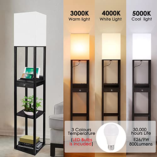 Assemer Shelf Floor Lamps For Living Room,Tall Standing Lamp With Shelves And Drawer,2 Usb Charging Ports & Power Outlet,Bright 3Cct Led Bulb Included - Black #TOP1