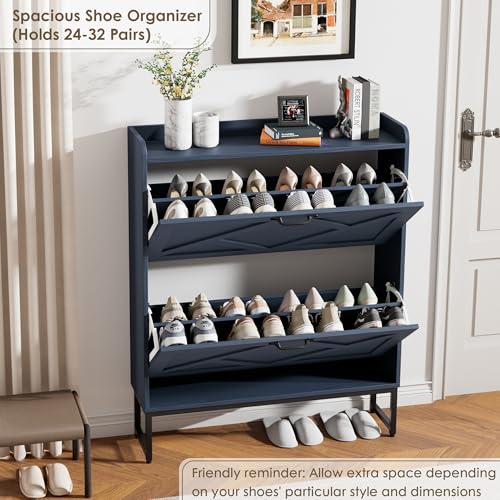 Image of Nicetree Shoe Storage Cabinet, Shoe Cabinet with 2 Flip Drawers, Narrow Shoe Rack Cabinet, Farmhouse Slim Shoe Cabinet Storage for Entryway,Blue