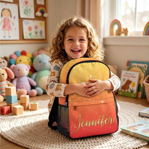 Image of Personalized Kids Backpacks for Girl Boy Custom Backpacks Back to School | Kid Customized Toddler Backpack for Girls Boys with Lunch Bag Book Bag Kindergarten Prek Preschool Gifts Glitter Orange