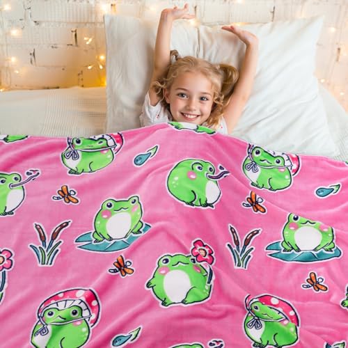 Image of Glow in The Dark Frog Blanket, Pink Frog Gifts for Girls Kids Age 3 4 5 6 7 8 9 10, Soft Cozy Flannel Kids Throw Blanket, Birthday Graduation Gifts Bedroom Decor 50 inchx60 inch