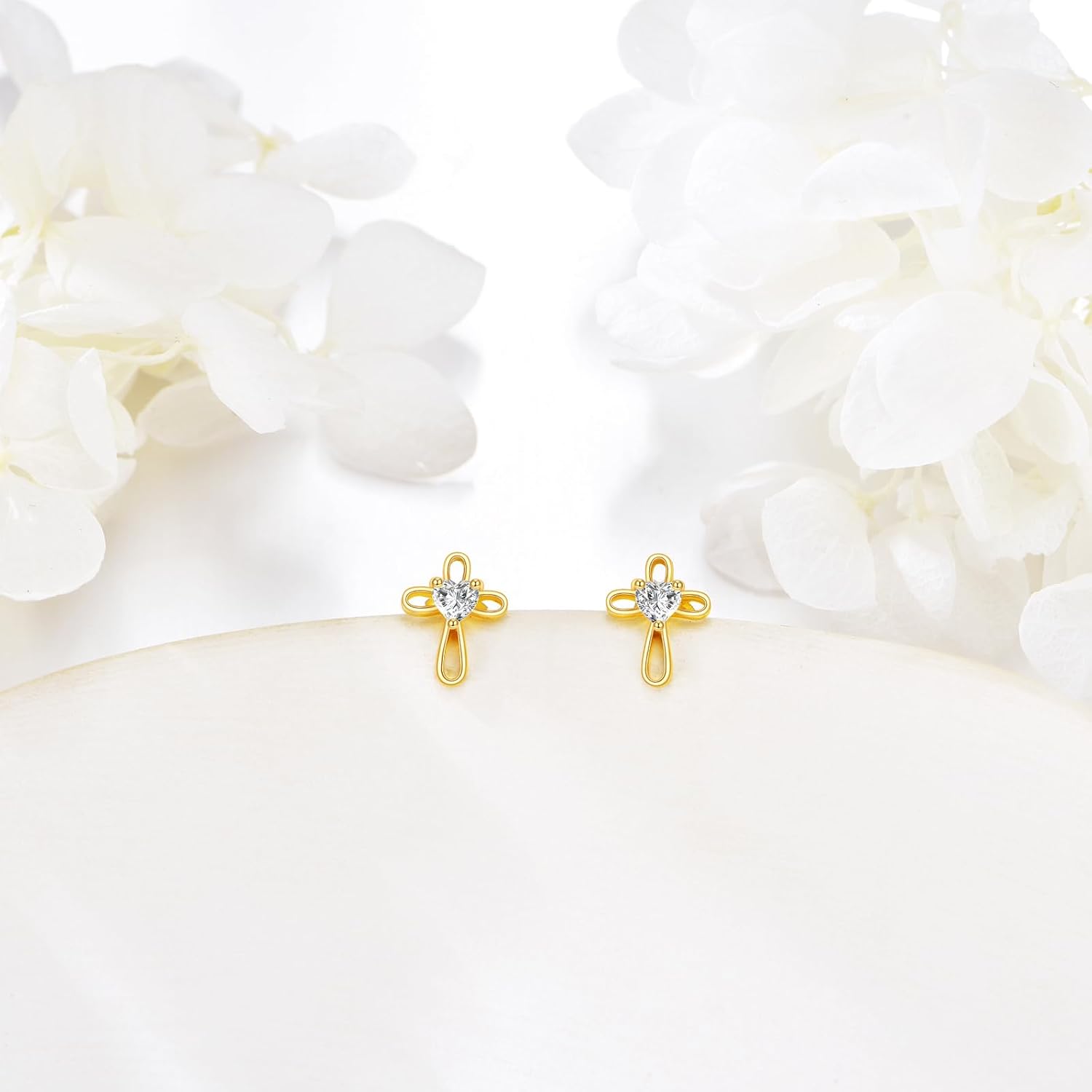 DOVRAN 9K/10K/14K Real Gold Cross Earrings for Women Solid Yellow Gold Stud Religious Christian Baptism Jewelry First Communion Gifts for Mom Wife