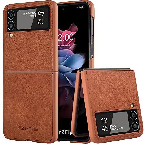 Kezihome Samsung Galaxy Z Flip 3 Case, Genuine Leather Samsung Z Flip 3 5G, Durable Minimalist Ultra Thin Slim Cover Protective Phone Case Compatible With Samsung Galaxy Z Flip 3（2021）(Tan Cloudy) #TOP10