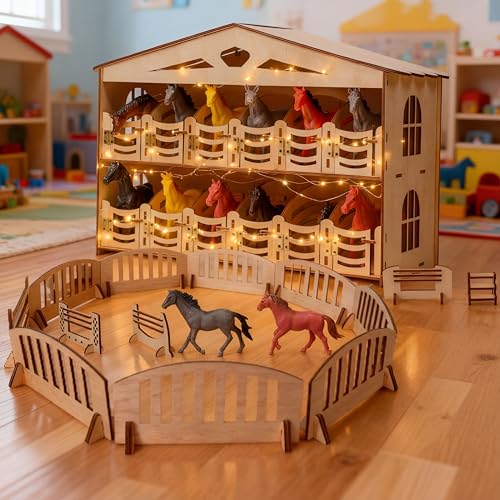 Thyle 30 Pcs DIY Wooden Horse Stable Play Set 12 Plastic Realistic Horse Figure Wall and Sill Stables Fencing Figurine Pretend Play Wooden Barn Gift Toy for Kids Farm World Birthday Party Decoration