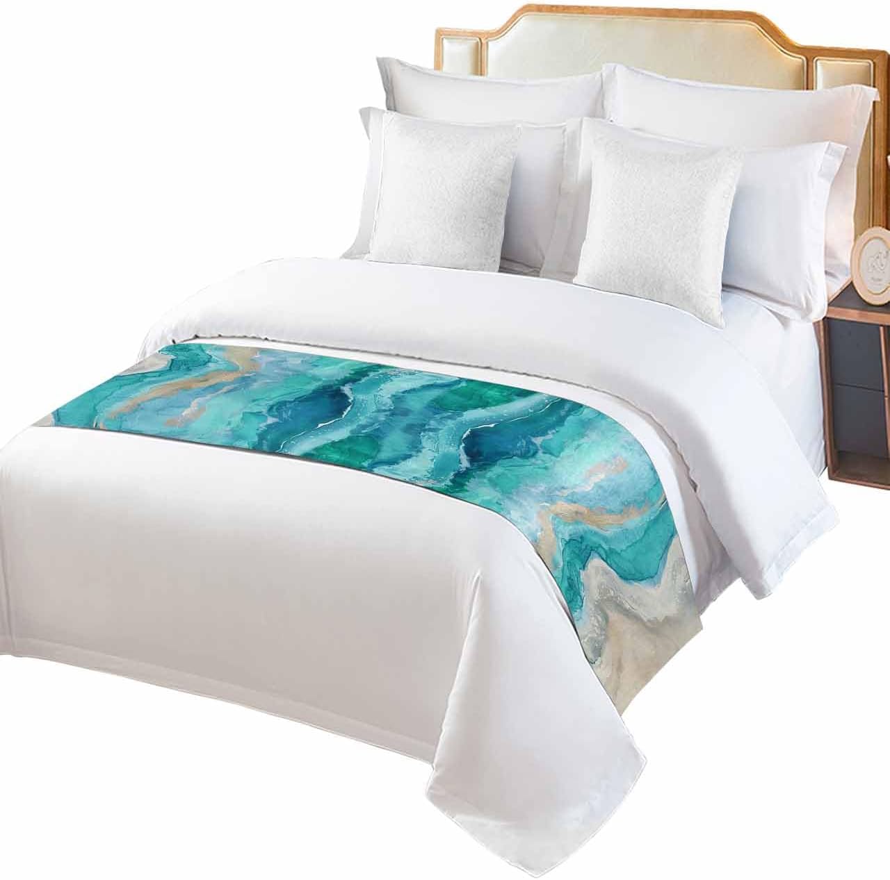 Turquoise Coastal Bed Runner for King Size Bed, Spring Summer Ocean Beach Nautical Sea Wave Bedspread Protector Slipcover Bed Scarf for Foot Bed Runners & Scarves for Bedroom Hotel 102x20 Inches
