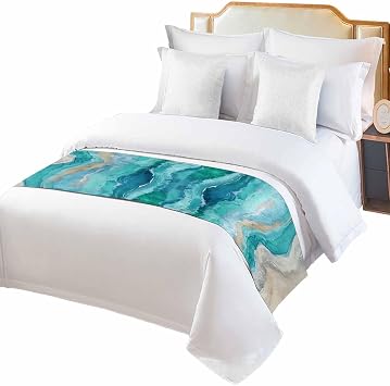 Turquoise Coastal Bed Runner for King Size Bed, Spring Summer Ocean Beach Nautical Sea Wave Bedspread Protector Slipcover Bed Scarf for Foot Bed Runners & Scarves for Bedroom Hotel 102x20 Inches
