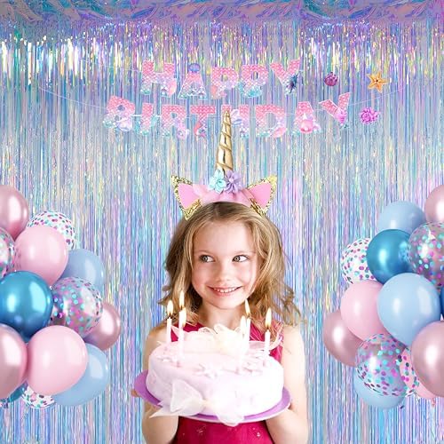 Melsan Iridescent Foil Fringe Backdrops Party Decorations - 2 Pack 3.2 x 6.5 ft Metallic Tinsel Photo Backdrop Curtains for Mermaid Unicorn Birthdays Parties - Iridescent 2 Packs - 3