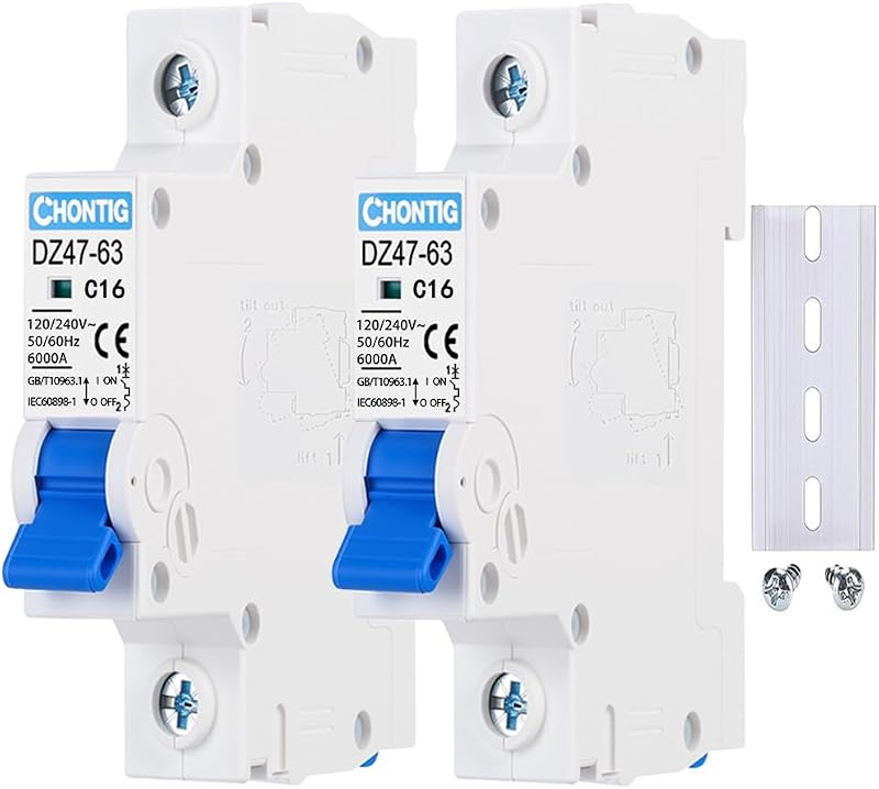 MCB C16 16A Miniature 1 Pole Circuit Breaker 2 Pack with DIN Rail Mount, 120V/240V AC Protection for Solar Panels, RV Power Center, Home Electrical Systems