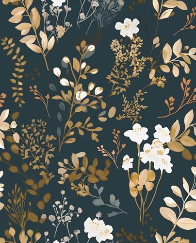Laatse Navy Floral Wallpaper Peel and Stick Boho Wallpaper Vintage Blue/Gold Leaf Contact Paper Waterproof Self Adhesive Modern Wall Paper for Cabinet Walls Kitchen 17.5in x393in