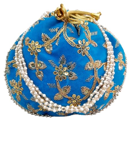 EliteKoopers Bolso de mano de terciopelo azul cielo Potli estilo Rajasthani Matka para novias tradicionales indias de boda o dama de honor EliteKoopers Bolso de mano de terciopelo azul cielo Potli estilo Rajasthani Matka para novias tradicionales indias de boda o dama de honor