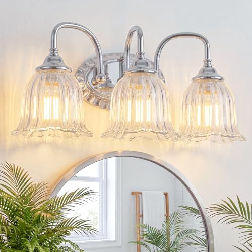 Image of Chrome 3-Light Bathroom Light Fixtures with Floral Glass Shade
