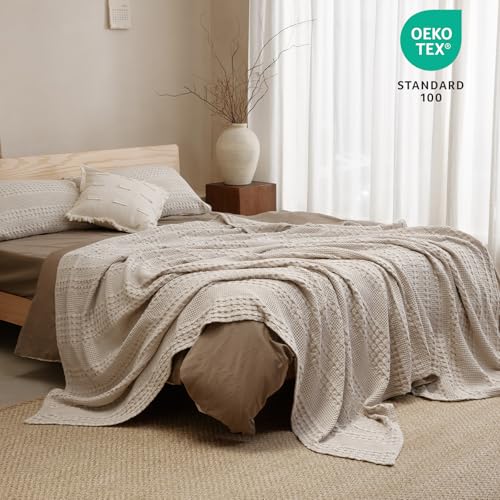 PHF 100% Cotton Waffle Weave Blanket, Queen Size Soft Breathable Bed Blanket for All Season, Perfect for Layering Couch Bed Sofa(90"x90", Queen Size, Linen) by PHF - Image 6