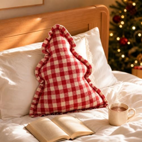 Vintage Red Christmas Tree Shaped Plaid Throw Pillows, Christmas Pillows, - image 2