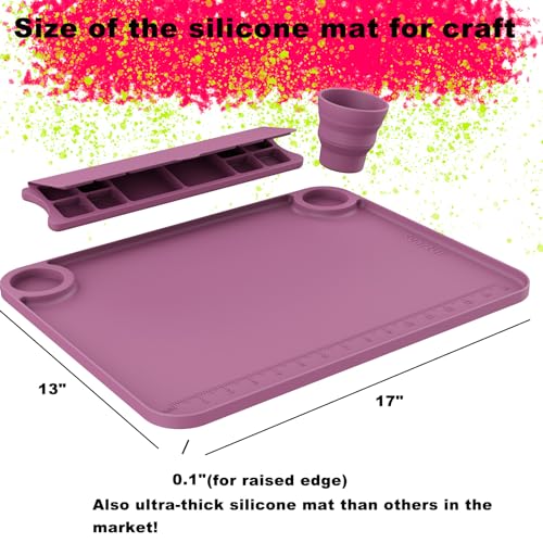 Image of Svartur Silicone Painting Mat with Cup and Palette Detachable, 17 inchX13 inch Thick Silicone Craft Mat with Raised Edge for Artist, Kids Painting Station Silicone Creator Mat, Purple