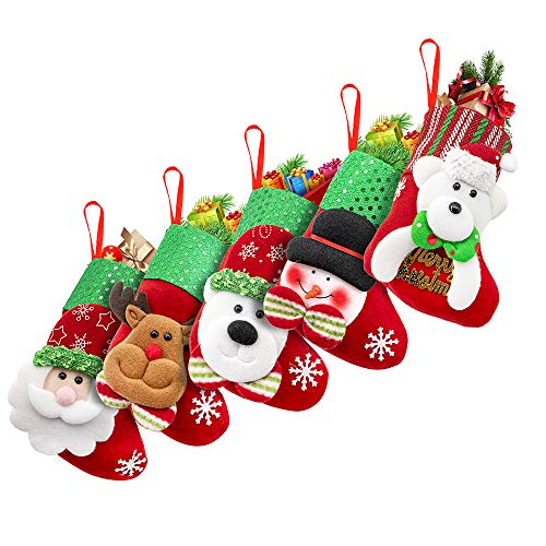 Christmas Stockings, 5 Pack 6 Inch 3D Classic Christmas Stocking Hanging Decoration Santa Snowman Reindeer Xmas Character for Holiday Party Decoration