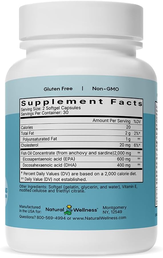 Natural Wellness Super Omega-3 Fish Oil – 600mg EPA & 400mg DHA – High Potency Omega 3 Fish Oil Supplement for Heart, Brain, Joint & Immune Health – Purified, Enteric-Coated Softgels, 60 Count