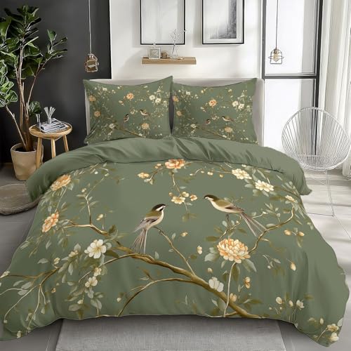 Housse de Couette 260 x 240 cm Peinture Chinoise de Fleurs D'Oiseaux Parure de Lit, Housse de Couette Imprimé Style Vintage Parure de Lit, avec Fermeture...
