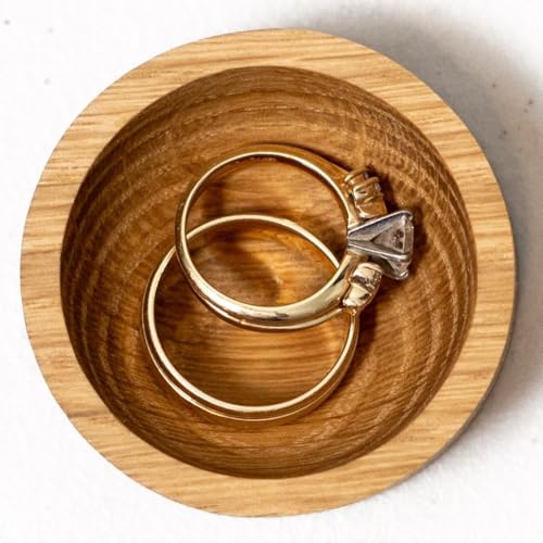Kimberly Ann Creations Solid Oak Ring Dish - 2" Round .75" Tall Wood Ring Holder | Compact Wooden Jewelry Tray for Bedside, Dresser, Sink | Ideal for Earrings, Engagement & Wedding Rings