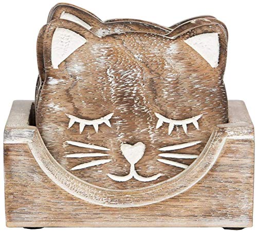 ARTISENIA Handmade Set of 4 Wooden Cat Coasters for Drink Tea Coffee Table White Distressed Coaster with Holder Stand Dining Home Décor