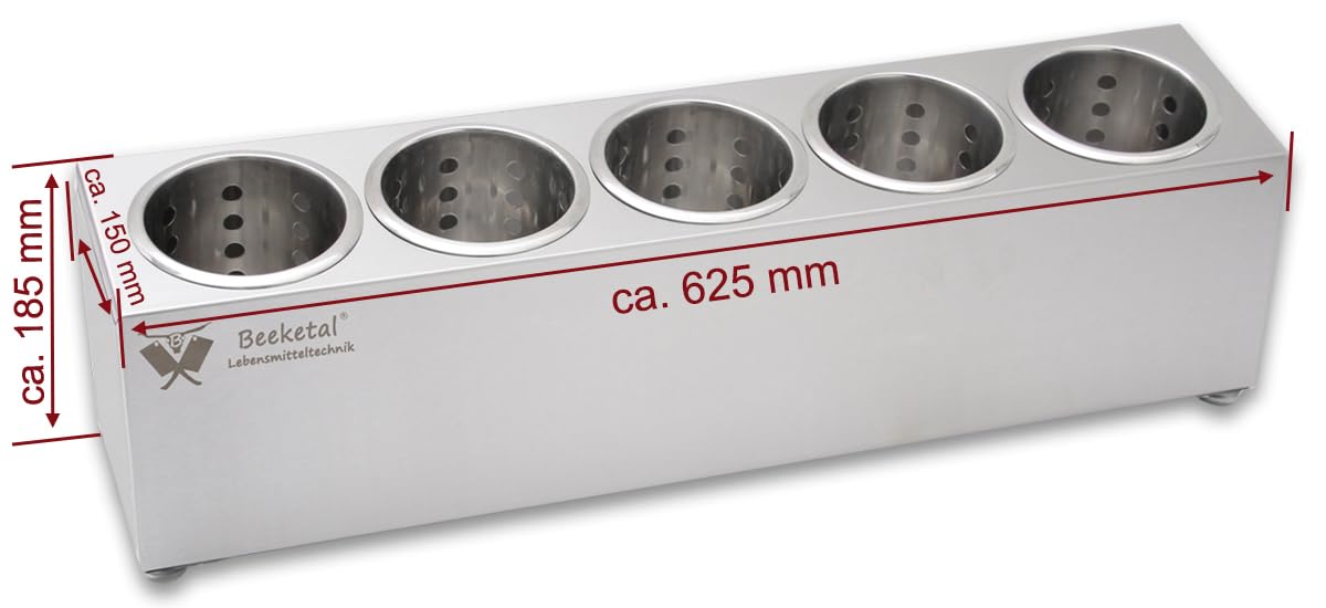 Beeketal 'BBK-5' Profi Gastro Besteckbehälter aus Edelstahl poliert inkl. 5 Köcher einreihig, entnehmbare Besteck Köcher, Oberfläche leicht abgeschrägt - Abmessung (L/B/H): ca. 625 x 150 x 185 mm