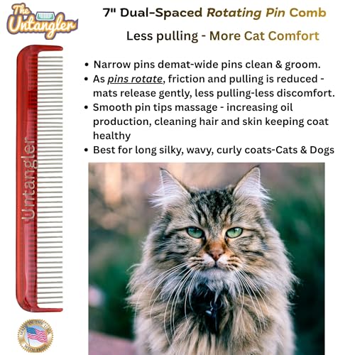 Image of Cat Comb, 7 inch, Ferrari Red - Silky Smooth Rotating Teeth for Gently Detangling Matted Cat Hair, Stainless Steel, Made in USA, Vet Recommended