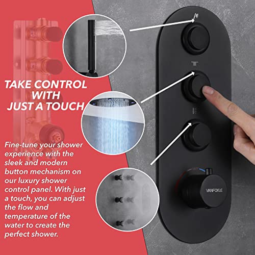 Vanfoxle Shower Faucet Set Matte Black Temperature Shower System, Push Button Diverter Shower Faucet With 16 Inch Ceiling Led Rain Showerhead, 6 Pcs Two Modes Body Jets With 2 In 1 Handheld #TOP3