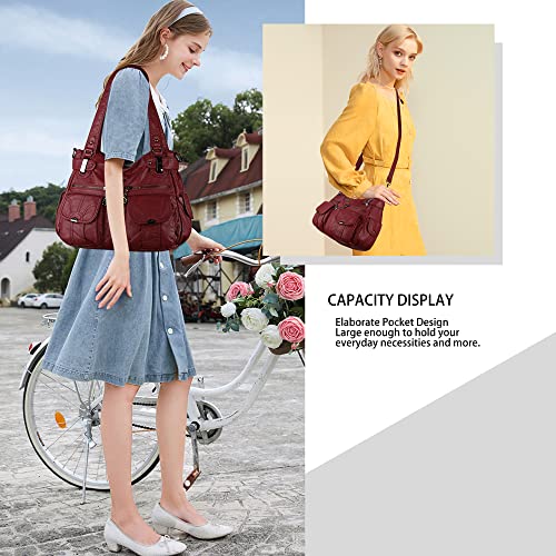 Image of Purses Women Handbags Large Double Zipper Multi Pocket Washed Shoulder Bags Purse with compartments Designer