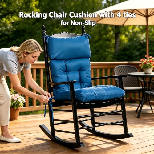 Image of QILLOWAY Outdoor Rocking Chair Cushions Set of 4, 100% Polyester Waterproof Patio Rocking Chair Cushion, High Back Weatherproof Chair Pad for Adirondack & Outdoor Furniture,Marine Blue