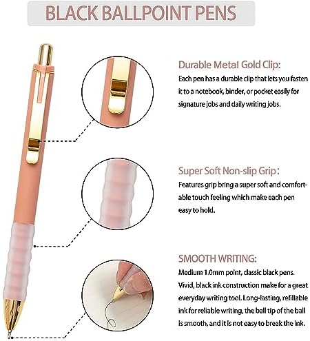 Linbsunne Ballpoint Pens Black Medium Point 1mm Pen with Super Soft Grip Ball Point Pen for Men Women Retractable Pens (gold-12 pcs)