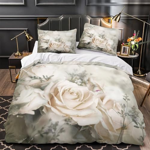 JQKZXNHPDR Wedding Flowers Linge de Lit 3D Effet Microfibre 3 Pièces 2 Taies Ultra Douce Soft Romantic Parure de Lit Super Douce Hypoallergique for Garçons...