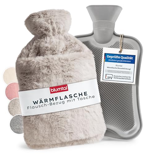 Blumtal Premium Wärmflasche mit Bezug & Tasche flauschig - Wärmeflasche aus verwendungssicherem Naturkautschuk mit Flauschbezug - auslaufsichere Bettflasche mit Innenfutter - Wärmeflasche Braun