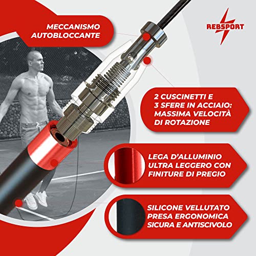 Corda per Saltare Professionale da Crossfit REBSPORT Regolabile e Autobloccante con Polsini in Regalo e 2 Cavi in Acciaio da 2.5mm ideale per double under