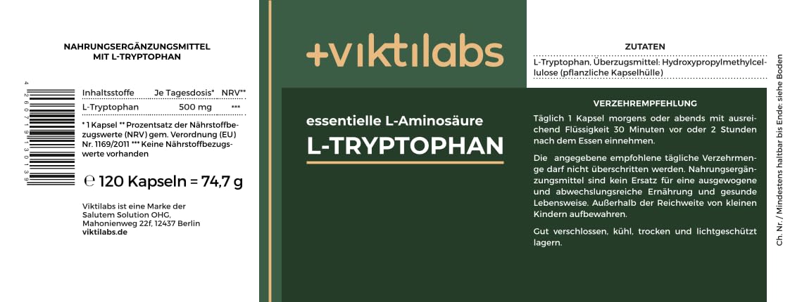 L-Tryptophan - hochdosiert - 500 mg pro Kapsel - aus fermentiertem Mais | Natürliche Quelle - gewonnen durch Fermentation von Maissamen - 1 Kapsel pro Tag - 120 vegane Kapseln - ohne Zusatzstoffe