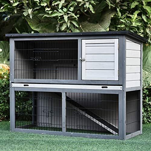 Pawhut 48" Wooden Rabbit Hutch Bunny Cage Small Animal House Enclosure With Ramp, Removable Tray And Weatherproof Roof For Outdoor, Gray #TOP7