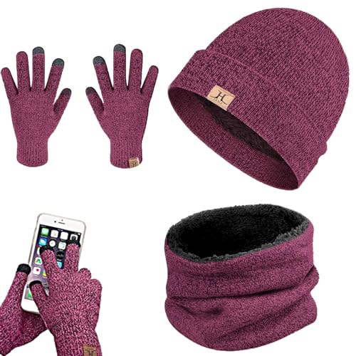 Lista de Bufandas para Mujer de esta semana. 47 Set de Bufanda, Gorro y Guantes Tactiles Antideslizante, Gorro Invierno Tejido de Punto y Bufandas Forro Polar para Hombre y Mujer (Rojo)