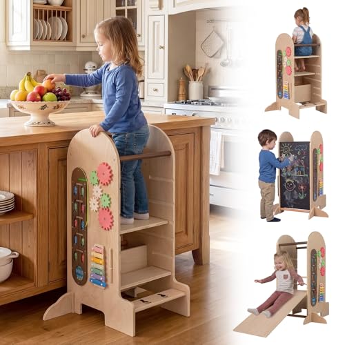 Image of Costzon Toddler Step Stool, 4-in-1 Kids Kitchen Standing Tower with Adjustable Height, Chalkboard & Slide, Montessori Games, Safety Rails & Anti-tip Feet, Wooden Children High Chair for Boys & Girl