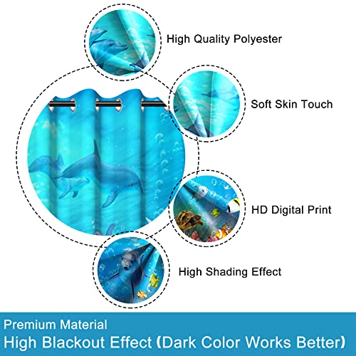 Baocicco Kids Ocean Animal Themed Window Blackout Curtains Blue Underwater World Dolphins Fish Printed Darkening Drapes Kid Sea Pattern Window Curtain With Grommet For Bedroom 2 Panels,42X63 Inch #TOP3