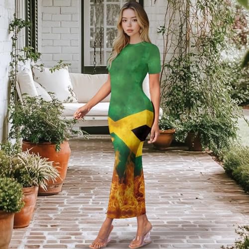 Image of Womens Short Sleeve Jamaican Flag Midi Bodycon Dress | Soft stretchy fabric,crew neck,jamaican print casual date night cocktail party, elegant chic, spring summer fall all season