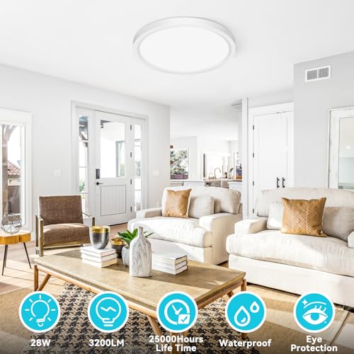 Image of libtit 12 inch Flush Mount LED Ceiling Light Fixture, 3000K 4000K 6500K Adjustable, 28W 3200lm White Round Lighting Fixtures for Bathroom Shower Hallway Kitchen, 4 Pack