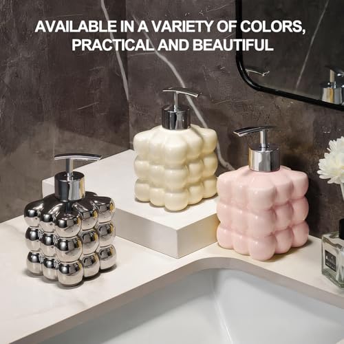 Image of Luxflowing Small Ceramic Hand Soap Dispenser with Pump for Bathroom and Kitchen Sink, Creative Shape, Used to Hold Dish Soap, Shampoo, Conditioner, Lotion and Other Liquids (Silver)